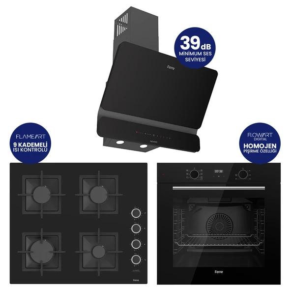 FlowArt Digital Siyah Cam Ankastre Set ( Kaymaz Döküm Izgara ) QBL63CS+SC205-FA+D080-SA ürün görseli 1