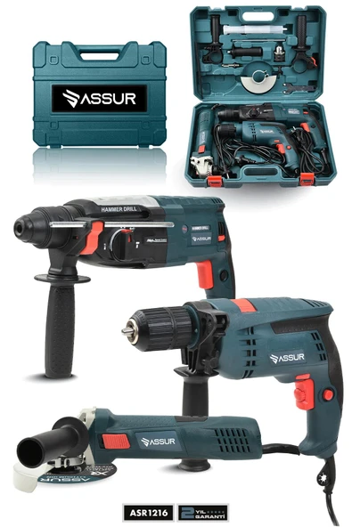 Assur Profesyonel Elektrikli 3'lü Set Matkap,Taşlama,Kırıcı/Delici Hilti ürün görseli 1