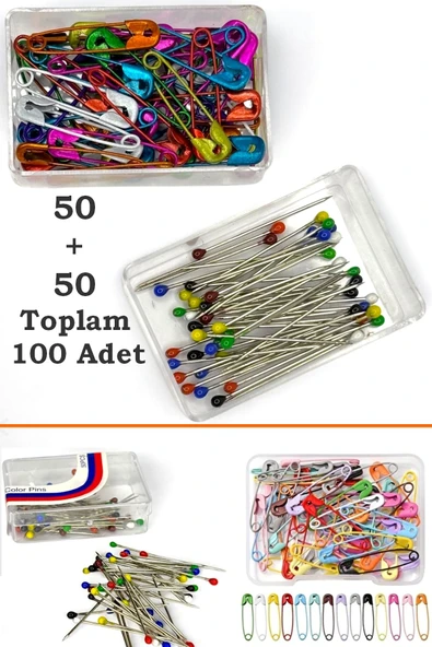 Çengelli Ve Toplu İğne Karışık Renkli 100 Adet (50+50)= Toplam 100 Adet  Eşarp Ve Şal İğnesi ürün görseli 1