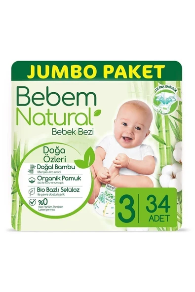 Bebem Bebek Bezi Natural Jumbo Pk Beden:3 4-9kg Midi 34 Adet ürün görseli 1
