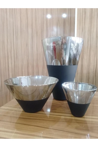 Titanyum Kaplama Görünümlü Cam Konik Vazo 3 Lü SET ürün görseli 1