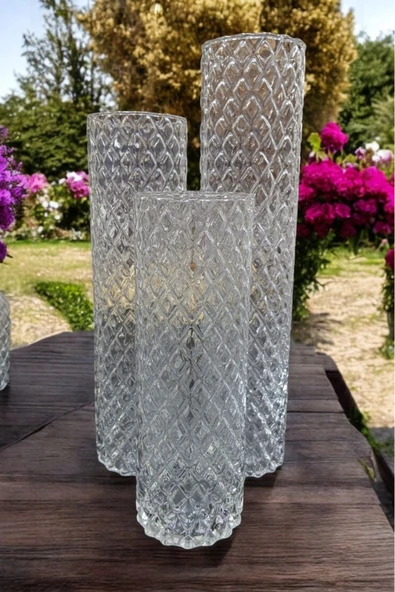 Tamamen El İşçiliği Kristal Desenli Cam Vazo 3Lü Set (7çap-20-25-30 uzunluk) Karanfil gül vazosu ürün görseli 1