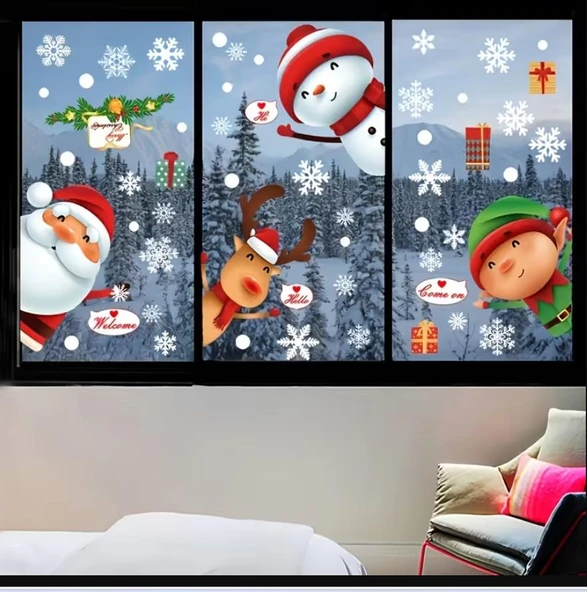 80 adet Kar Tanesi Pencere Cam Yapışkanları, Noel Baba Geyik Çıkartmaları ürün görseli 1