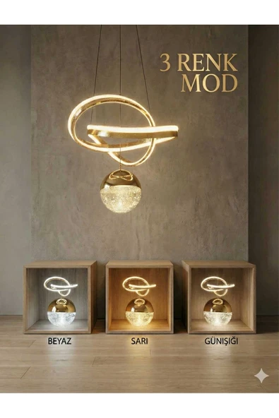 Bohem Aydınlatma Gold Kelebek Model Çizgili Çift Şeritli 3 Renk LED Modern Avize Beyaz/Sarı/Günışığı ürün görseli 1