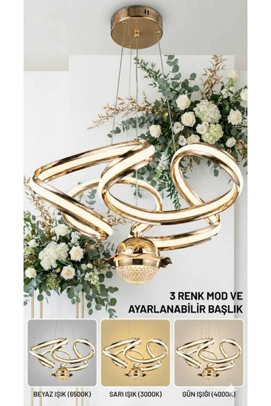 Bohem Aydınlatma Gold Şapkalı Çift Taraflı 3 Renk LED Modern Avize Beyaz/Sarı/Günışığı ürün görseli 1