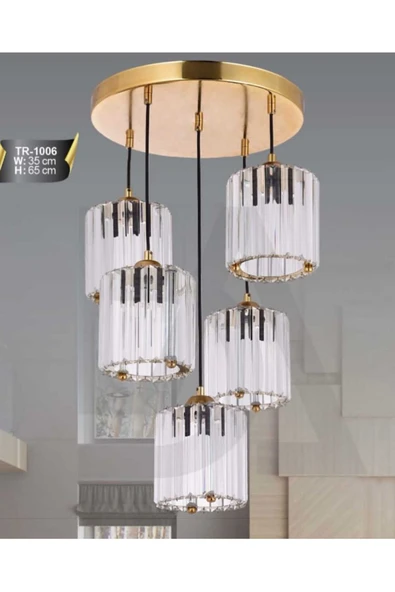 Bohem Aydınlatma Modern Kristal Cam Taşlı 5'li Sarkıt Avize ürün görseli 1