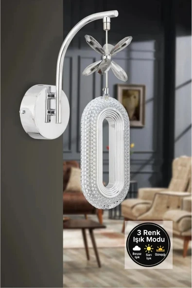 Bohem Aydınlatma Krom Kristal Elips 3 Renk LED Duvar Apliği Beyaz/Sarı/Günışığı ürün görseli 1