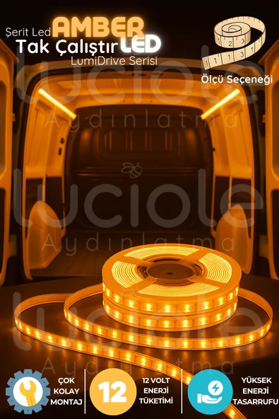 luciole LumiDrive 3m Amber 12V Şerit LED – Araç İçi Turuncu Dekor Işığı, Kablolu, Kesilebilir, Yapışkanlı ürün görseli 1
