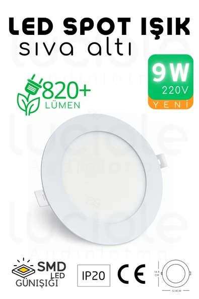 luciole 9W Slim LED Spot – 3200K Günışığı Işık, 820 Lümen, Beyaz Kasa, 14.5 cm, 220V, 15000 Saat Ömür ürün görseli 1