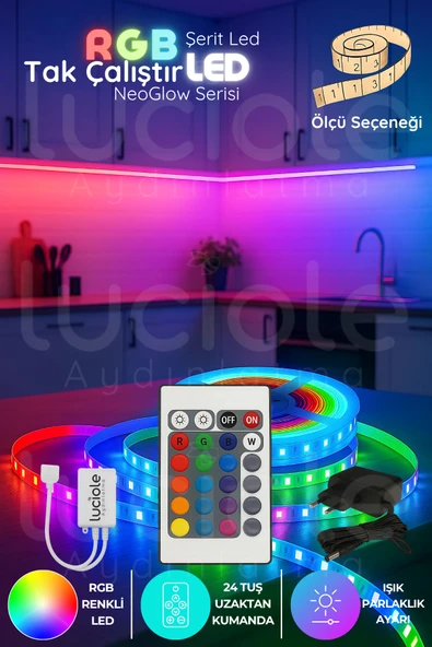 luciole 5 Metre NeoGlow Serisi RGB LED Işık Bandı – 24 Tuş Kumandalı 60 Çipli Tak Çalıştır Set ürün görseli 1