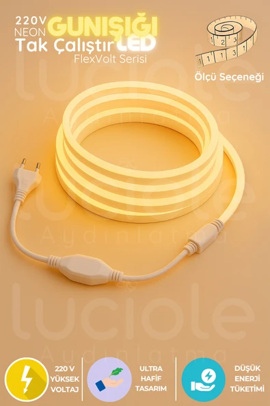 luciole 20 Metre FlexVolt 220V Günışığı Neon LED Şerit – Fişli Tak Çalıştır Sıcak Beyaz Işık Seti ürün görseli 1