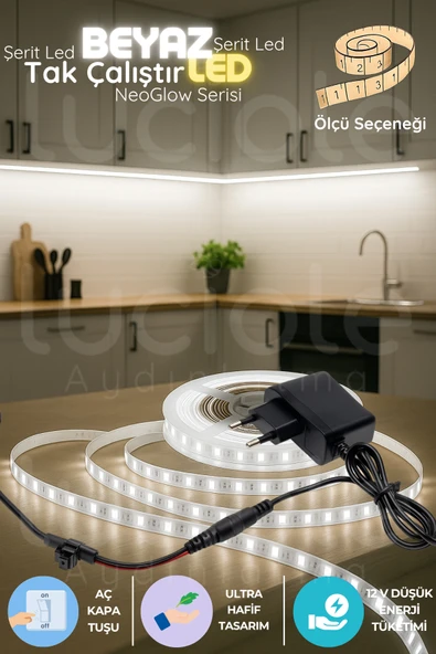 luciole 4 Metre NeoGlow Beyaz LED Işık Şeridi – Tak Çalıştır 12V 60 Çipli Aydınlatma Bant Seti Fişli LED ürün görseli 1