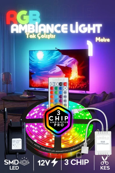 luciole 1 Metre Tv Arkası 16 Renkli Tak Çalıştır Yatak Odası Mutfak Bilgisayar Rgb Led lambader ürün görseli 1
