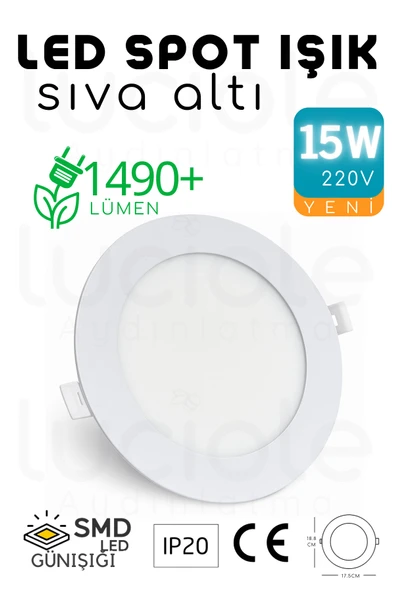 luciole 15W Slim LED Spot – 3200K Günışığı Işık, 1490 Lümen, Beyaz Kasa, 18.8 cm, 220V, 15000 Saat Ömür ürün görseli 1