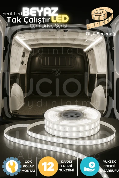 luciole LumiDrive 1 Metre Beyaz 12V LED Şerit – Araç İçi Aydınlatma, Çıplak Kablo, 2835, Yapışkanlı ürün görseli 1