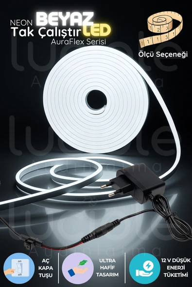luciole 5 Metre Beyaz Neon LED Şerit | AuraFlex Serisi | 6500K Tak Çalıştır Aç-Kapa Aydınlatma ürün görseli 1