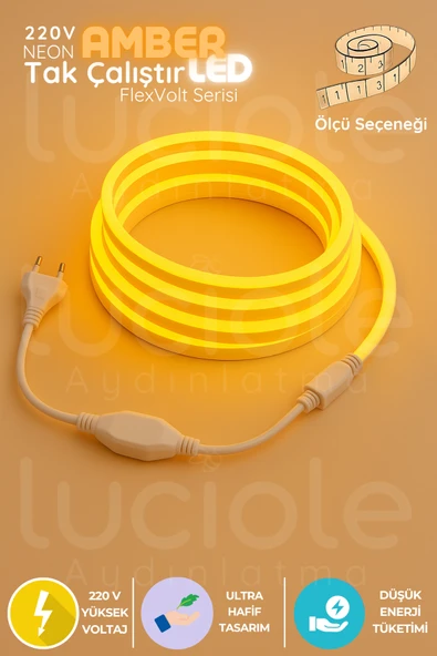 luciole 25 Metre FlexVolt Amber Neon LED Şerit Işık – 220V Prizli Fişli Tak Çalıştır Turuncu Aydınlatma ürün görseli 1