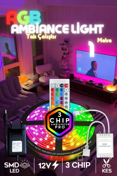 luciole Rgb Led Tak Çalıştır 16 Renkli 4 Animasyonlu Tv Arkası Led Yatak Odası Led Bilgisayar Led 1metre ürün görseli 1