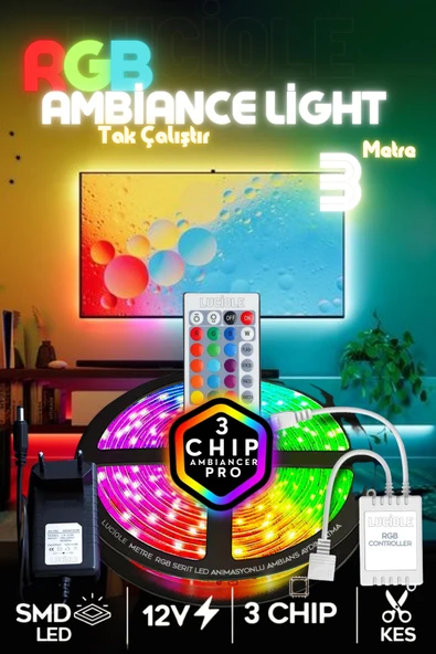 luciole Tv Arkası Yatak Çocuk Odası Mutfak salon Rgb Şerit Led uzaktan kumandalı Tak Çalıştır 3 Metre ürün görseli 1