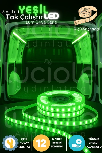 luciole LumiDrive 1m Yeşil 12V Şerit LED – Araç İçi Dekor Işığı, Kablolu, Yapışkanlı, Kesilebilir, 2835 ürün görseli 1