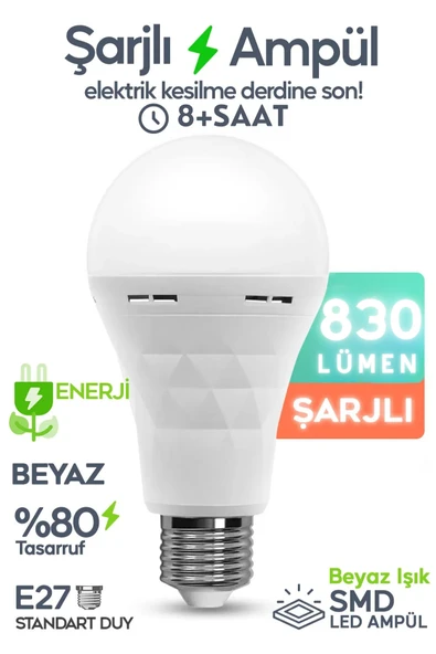 luciole Şarjlı Ampül 830 lümen Ultra Acil Durum & Kamp Işığı 220v Beyaz E27 Duy Otomatik %80 Tasarruflu ürün görseli 1