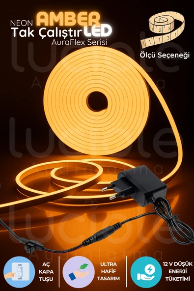 luciole 5 Metre Sabit Amber LED | AuraFlex Neon Işık Şeridi | Aç-Kapa Prizli Dekor Aydınlatma ürün görseli 1