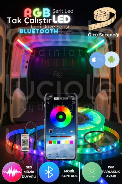 luciole LumiDrive 2m RGB Araç LED Şerit – Bluetooth Kontrollü, 5050 Gerçek RGB, Mobil Uyumlu Işık Şovu ürün görseli 1
