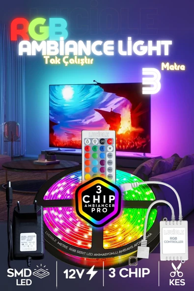 luciole 3 Metre Tv Arkası 16 Renkli Tak Çalıştır Yatak Odası Mutfak Bilgisayar Rgb Led lambader ürün görseli 1