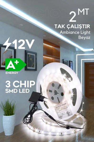 luciole Şerit Led 2 Metre Beyaz Işık 3 Çipli Pro Ambiyans Aydınlatma Mutfak Salon Yatak Odası lambader ürün görseli 1