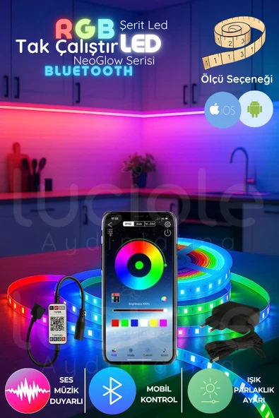 luciole 2 Metre NeoGlow Serisi RGB LED Şerit – Bluetooth Kontrollü 12V Işık Bandı 60 Çipli Tak Çalıştır ürün görseli 1
