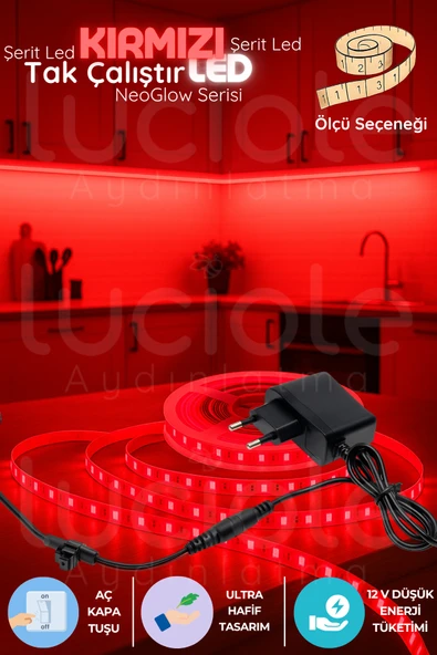 luciole 1 Metre NeoGlow Serisi LED Işık Bandı – Kırmızı Renkli 60 Çipli 12V Tak Çalıştır Prizli Şerit LED ürün görseli 1