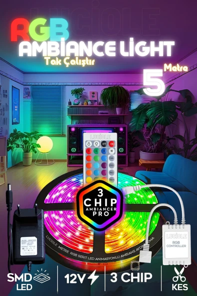 luciole Rgb Led Tak Çalıştır 16 Renkli 4 Animasyonlu Tv Arkası Led Yatak Odası Led Bilgisayar Led 5metre ürün görseli 1