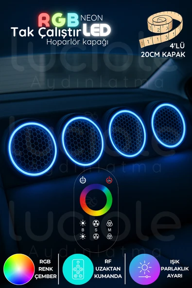 luciole RGB Neon LED Hoparlör Kapağı Seti – 4'lü 20cm | RF Kumandalı | 12V & 24V Uyumlu ürün görseli 1