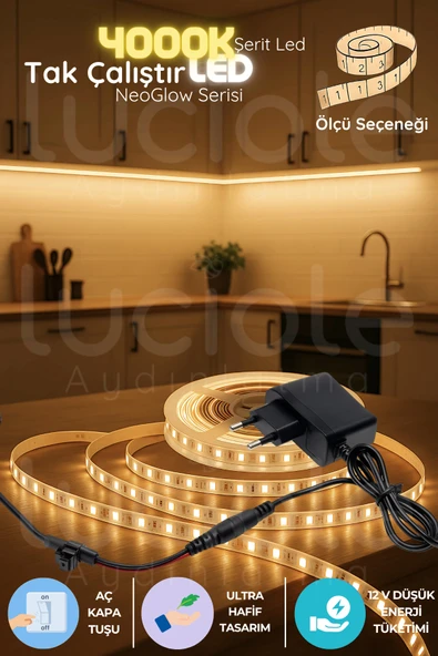 luciole 4 Metre NeoGlow Serisi LED Işık Bandı – 4000K Doğal Beyaz 60 Çipli Tak Çalıştır Prizli Aydınlatma ürün görseli 1