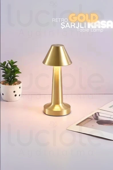 luciole Retro Gold Şarjlı Dokunmatik Masa Lambası - 3 Renk Ayarlı, Dim Edilebilir ürün görseli 1
