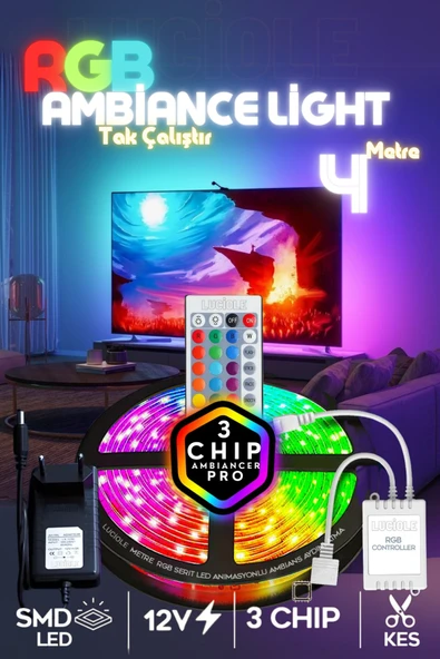 luciole 4 Metre Tv Arkası 16 Renkli Tak Çalıştır Yatak Odası Mutfak Bilgisayar Rgb Led Lambader Animasyon ürün görseli 1