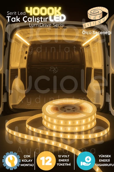 luciole LumiDrive 5m 4000K LED Şerit – 12V Doğal Beyaz Araç İçi Aydınlatma, Kablolu, Kesilebilir, Yapışkanlı ürün görseli 1