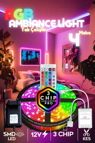 luciole 4 MT Şerit Led Animasyonlu Tak Çalıştır Kumandalı Rgb Işık Duvar Aydınlatma Ambiyans Lambader ürün görseli 1