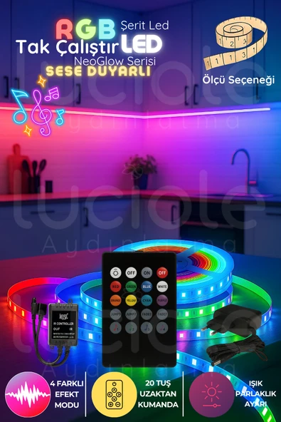 luciole 5 Metre NeoGlow Serisi RGB LED Şerit – 20 Tuşlu Ses Kontrollü Tak Çalıştır Işık Bandı 60 Çipli ürün görseli 1