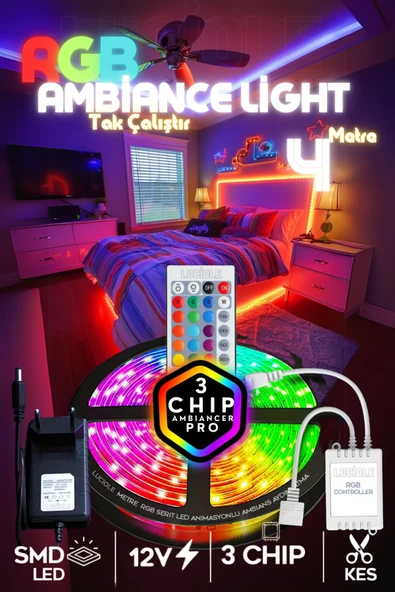 luciole 4 MT Şerit LED Animasyonlu Tak Çalıştır Kumandalı Rgb Işık Duvar Aydınlatma Ambiyans Parti Led ürün görseli 1
