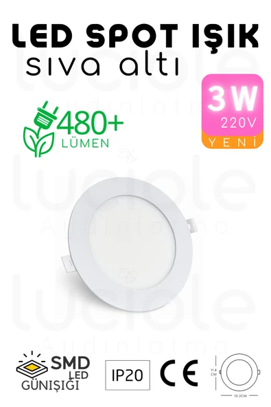 luciole 3W Beyaz Kasa LED Slim Spot – 3200K Günışığı Işık, 155 Lümen, 8.3 cm Çap, 220V, 15000 Saat Ömür ürün görseli 1