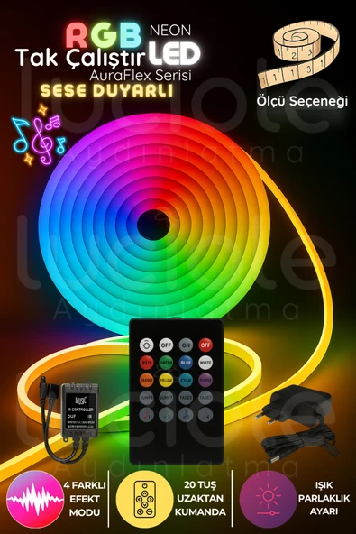 luciole 2 Metre RGB Neon LED Şerit | AuraFlex Serisi | Müzik Duyarlı Mikrofonlu Kumandalı Esnek Işık Sistemi ürün görseli 1