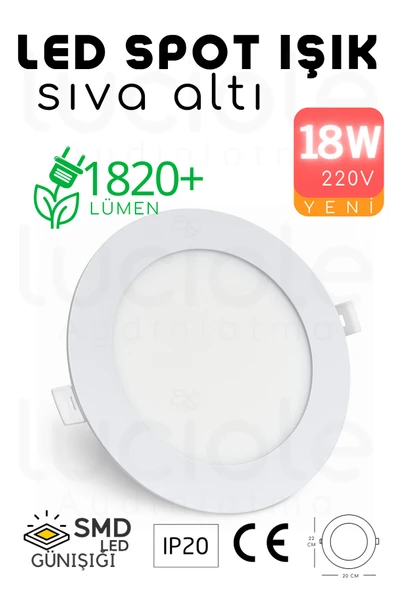 luciole 18W Slim LED Spot – 3200K Günışığı Işık, 1820 Lümen, Beyaz Kasa, 22 cm, 220V, 15000 Saat Ömür ürün görseli 1