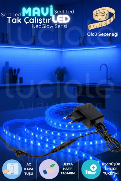 luciole 5 Metre NeoGlow LED Işık Bandı – Fişli Tak Çalıştır Mavi Şerit Aydınlatma 12V 60 Çipli LED Seti ürün görseli 1
