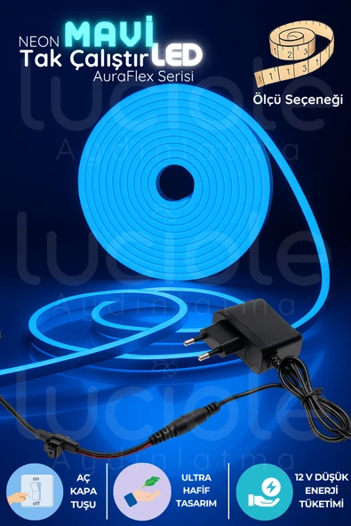 luciole 1 Metre Mavi Neon Şerit LED | AuraFlex | Aç-Kapa Tuşlu Fişli Dekoratif Işık ürün görseli 1