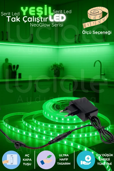 luciole 1 Metre NeoGlow LED Işık Bandı – 12V Tak Çalıştır Yeşil 60 Çipli Fişli Dekoratif Şerit LED Seti ürün görseli 1