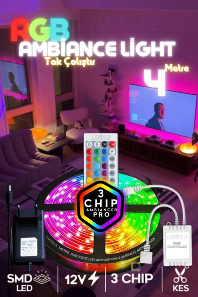 luciole Rgb Led Tak Çalıştır 16 Renkli 4 Animasyonlu Tv Arkası Led Yatak Odası Led Bilgisayar Led 4metre ürün görseli 1