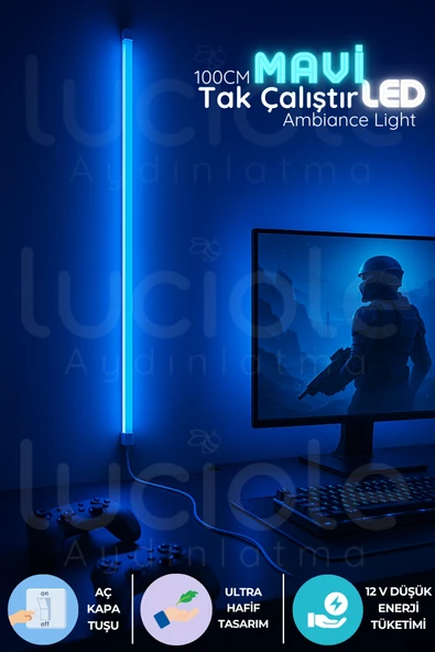 luciole Mood Light Serisi | 100 cm Mavi LED Bar Işık – Aç Kapa Anahtarlı Tak Çalıştır Aydınlatma ürün görseli 1