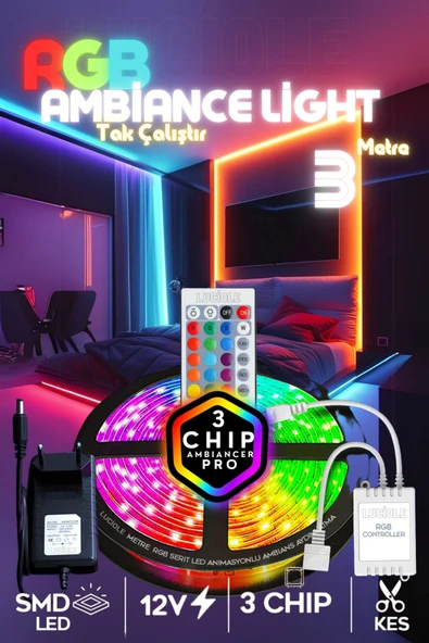 luciole Tv Arkası Yatak Çocuk Odası Mutfak Salon Rgb Şerit Led Tak Çalıştır Kumandalı 3 Metre Animasyon ürün görseli 1