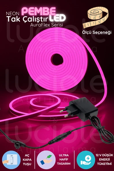 luciole 4 Metre Neon Pembe LED Şerit | AuraFlex | Aç-Kapa Anahtarlı Prizli Dekoratif Işık ürün görseli 1